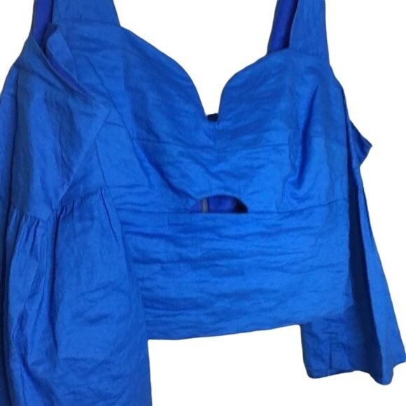 Nicole Miller Hailey Cold Shoulder Top Size Large Cropped Bell Sleeve Blue New - Picture 4 of 8